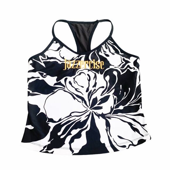Authentic Original Vintage Style Tops - Vintage Jazzercise Floral Athletic Workout Dance Tank Top Activewear Abstract L